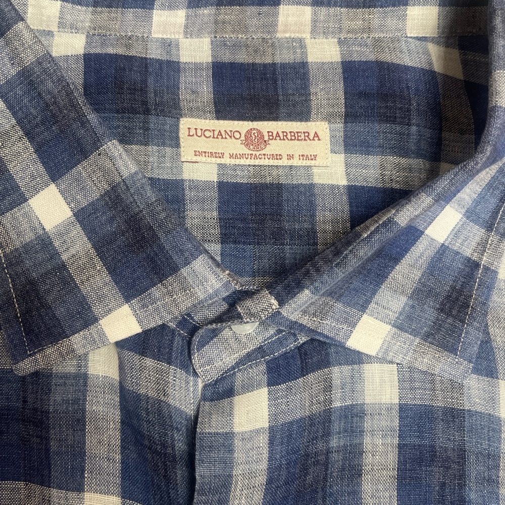 NWOT CUSTOM MADE Luciano Barbera Blue and White Italian LinenCheck Casual Shirt